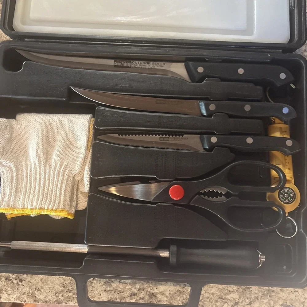 Gone Fishing 7 Piece Fisherman's Fillet Knife Set W Board & Case New Other